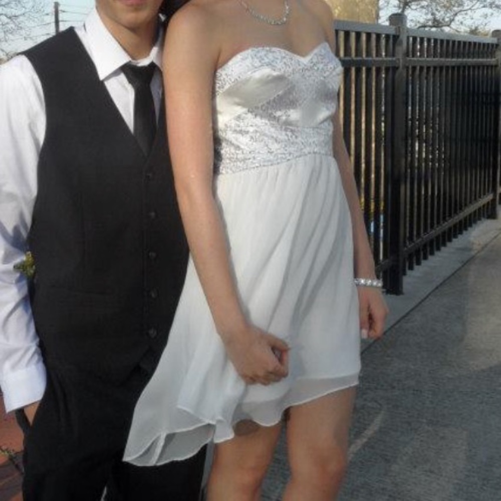 High low white cream silver fancy strapless dress